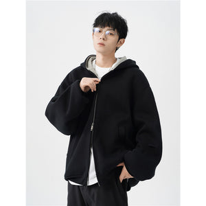 Double Zipper Hooded Men’s Sweater Jacket – Casual Loose Fit Long Sleeve Polyester Cardigan