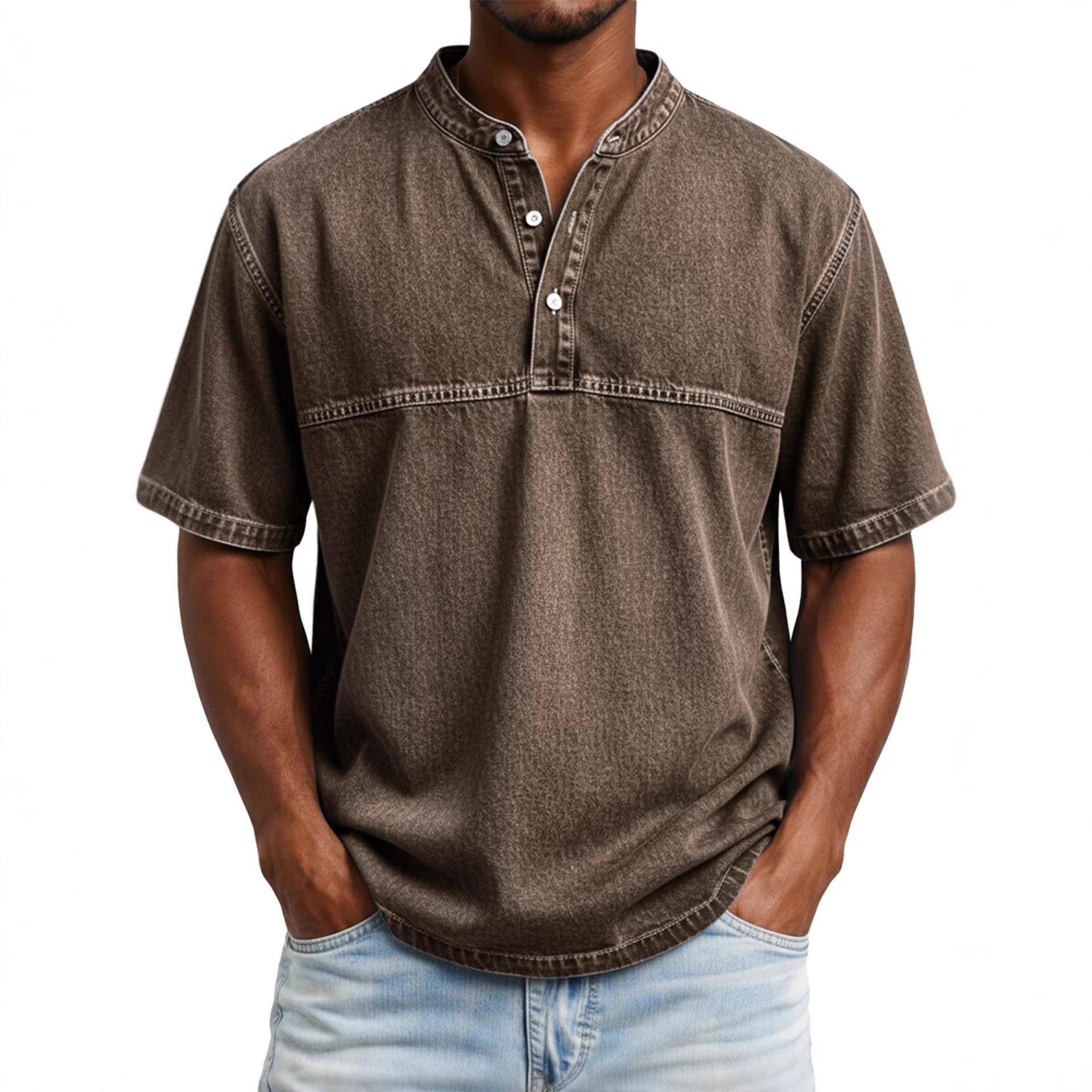 Classyet Straight Shoulder Crewneck Three Button Short Sleeve Henley Print Casual Slim Fit Shirt for Men