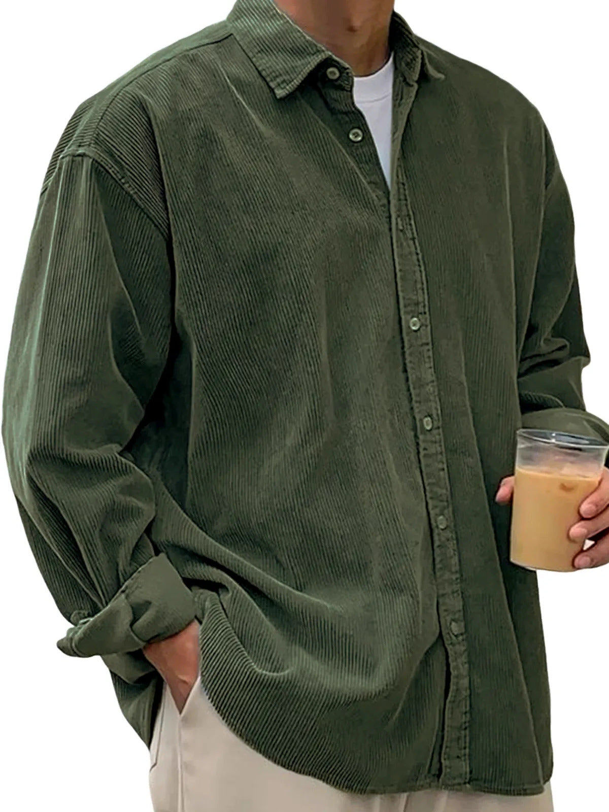 Classyet Men's Casual Corduroy Shirt Jacket Loose Fit Autumn Winter Cardigan Style Long Sleeve Layer