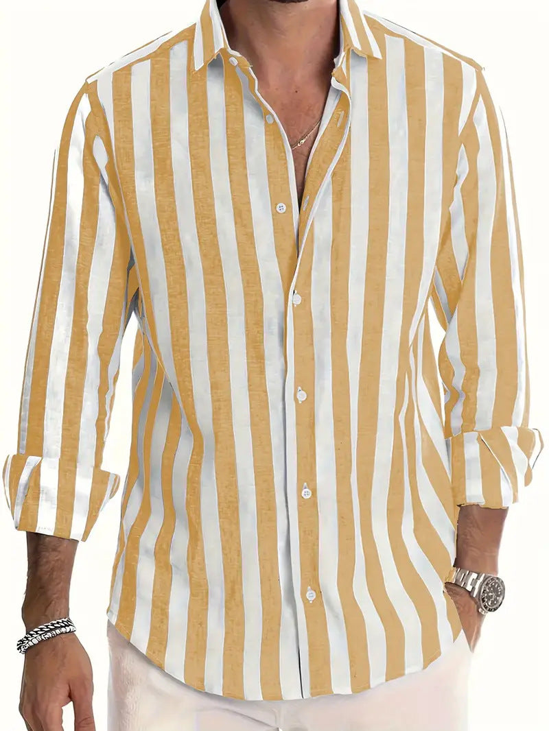 Classyet Striped Print Casual Loose Long Sleeve Shirt for Men British Style Polyester Spring Autumn Wear