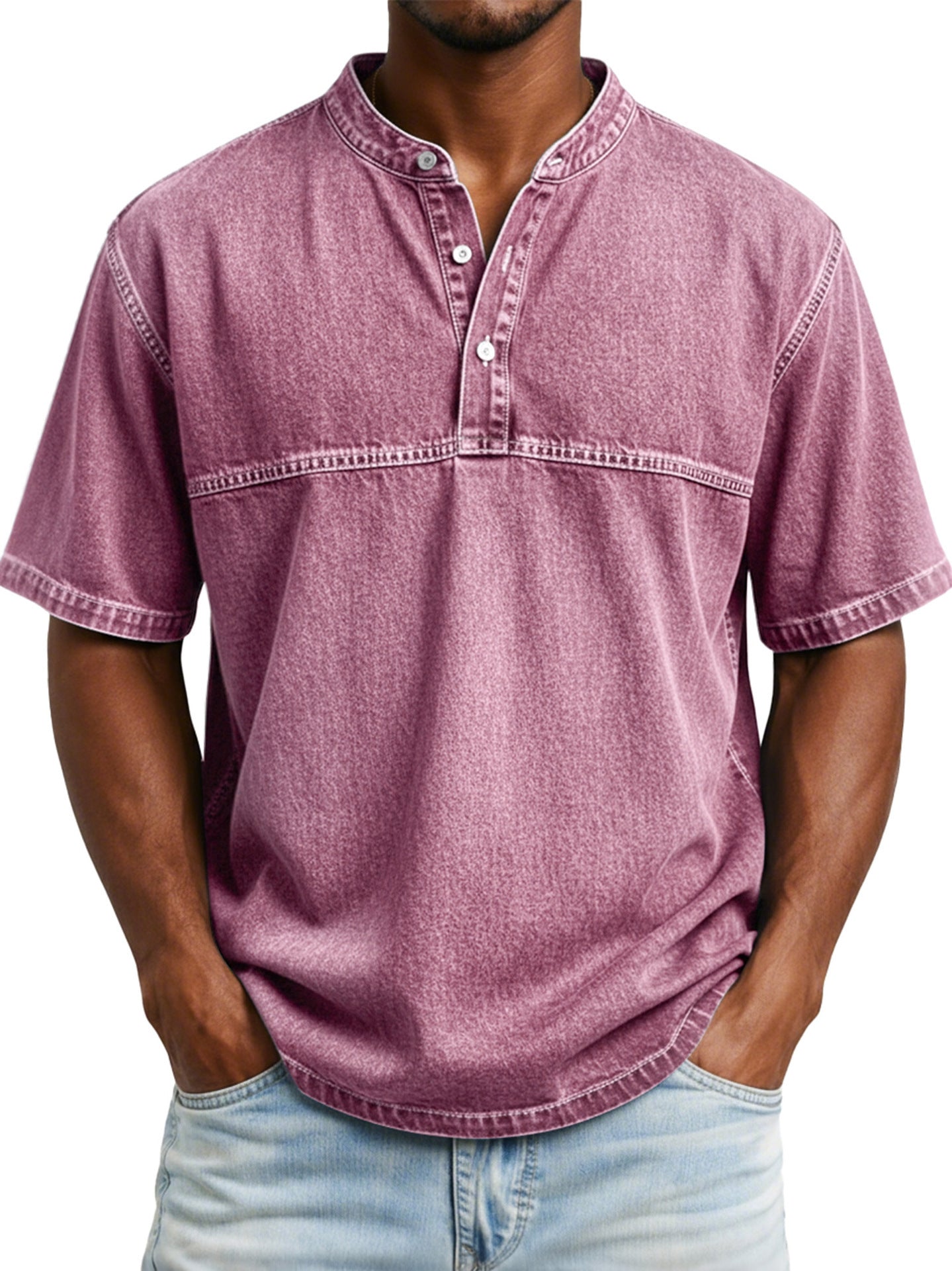 Classyet Straight Shoulder Crewneck Three Button Short Sleeve Henley Print Casual Slim Fit Shirt for Men