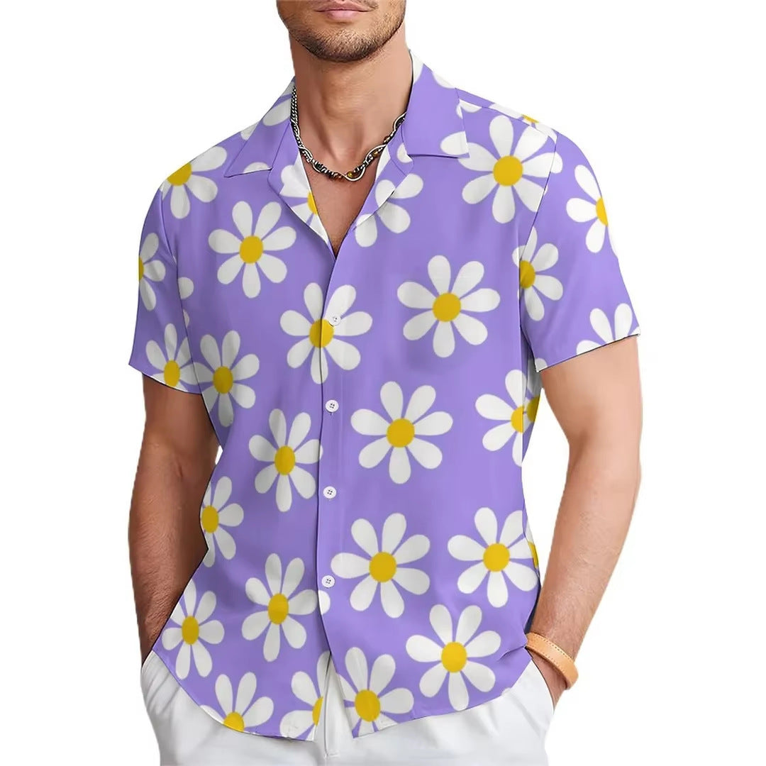 Classyet Fashion Men's Casual Floral Print Short Sleeve Loose Polyester Summer Shirt for Youth Style