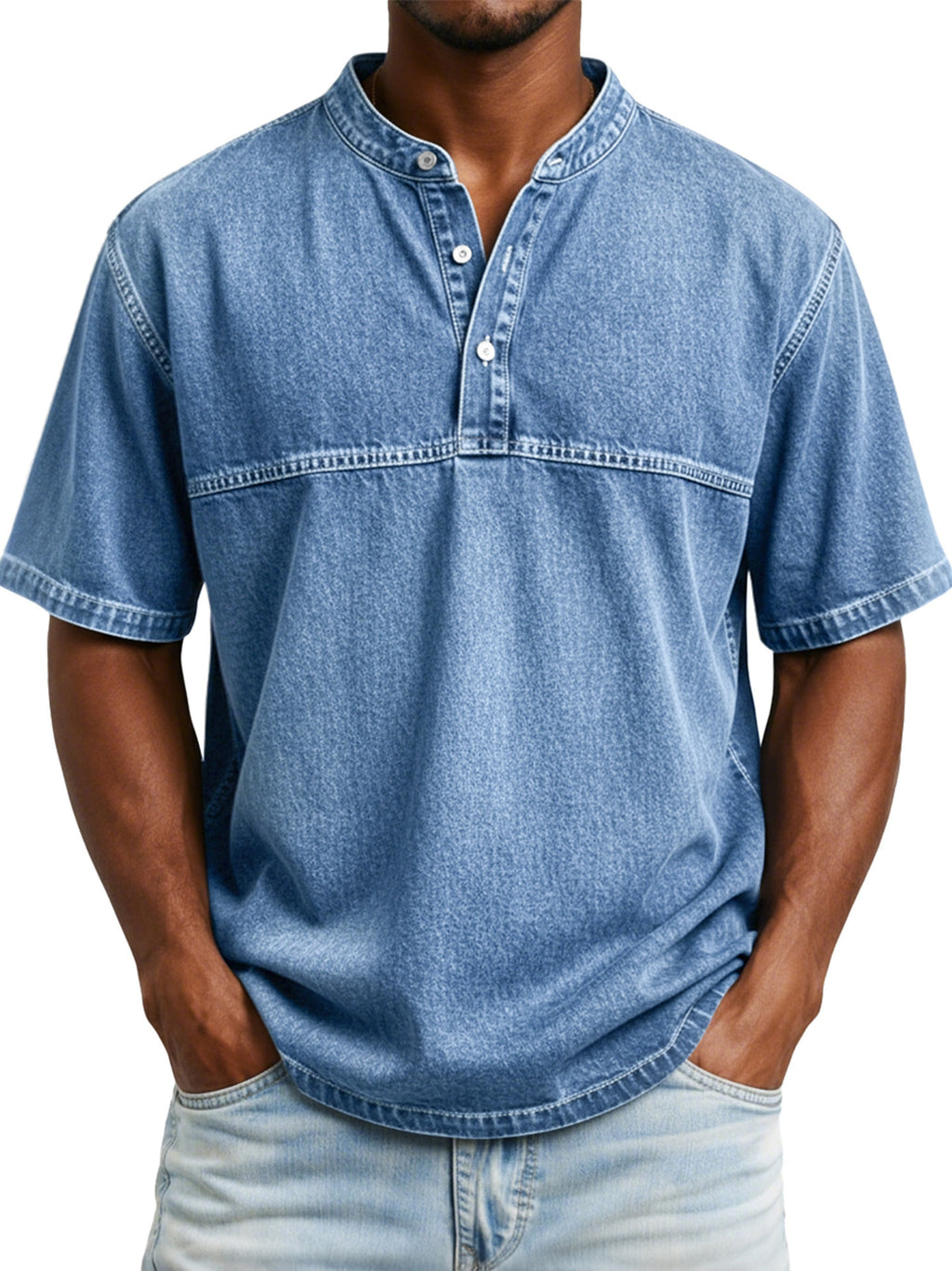 Classyet Straight Shoulder Crewneck Three Button Short Sleeve Henley Print Casual Slim Fit Shirt for Men