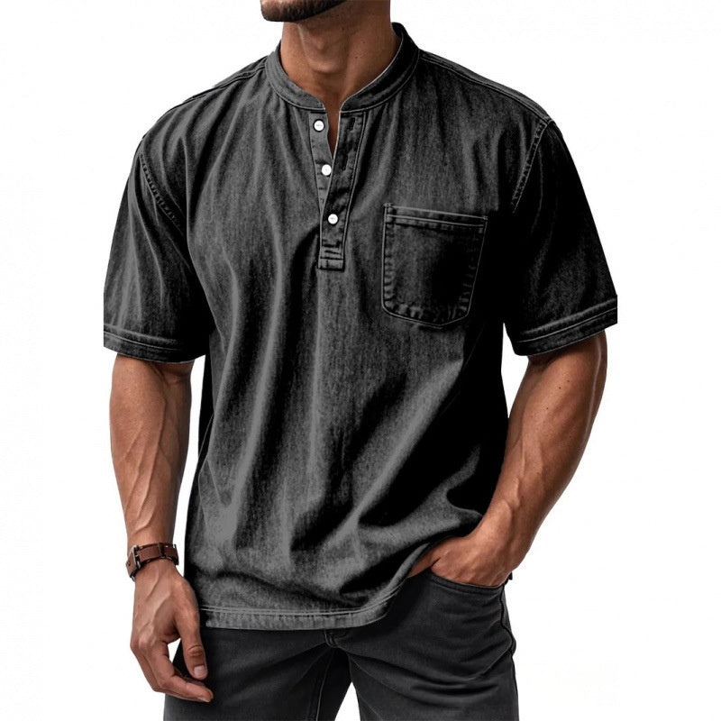 Classyet Men's Casual Slim Fit Cotton Short-Sleeve Crew-Neck Button-Up Shirt for Everyday Wear