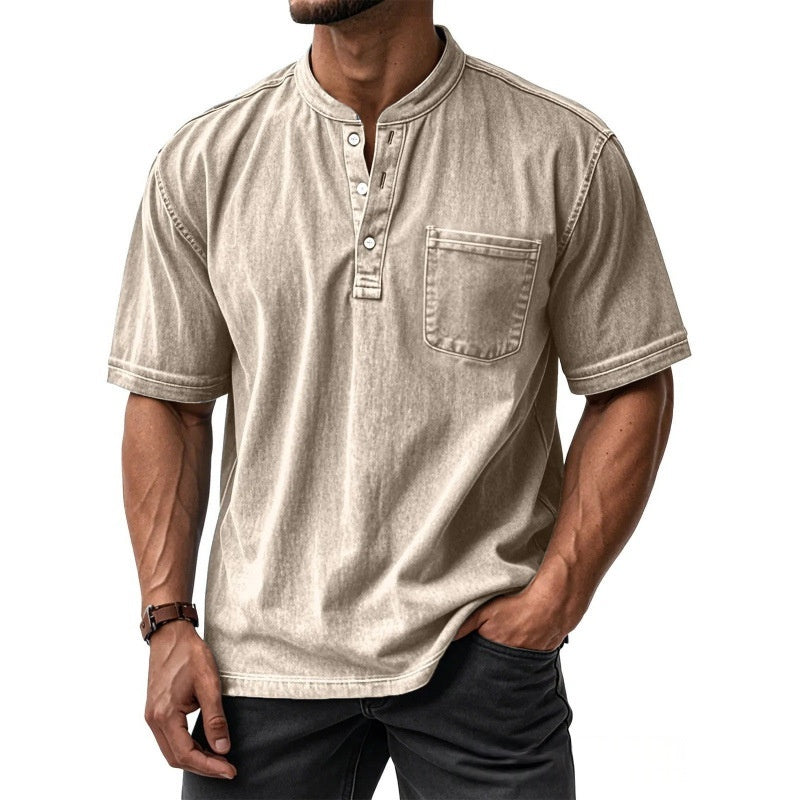 Classyet Men's Casual Slim Fit Cotton Short-Sleeve Crew-Neck Button-Up Shirt for Everyday Wear