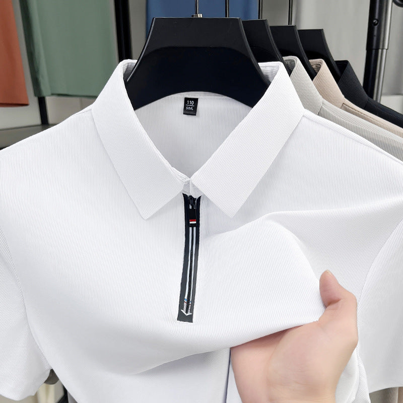 Classyet Men's Business Casual Ice Silk Stretch Short Sleeve Half-Zip Polo Shirt Slim Fit Summer Top