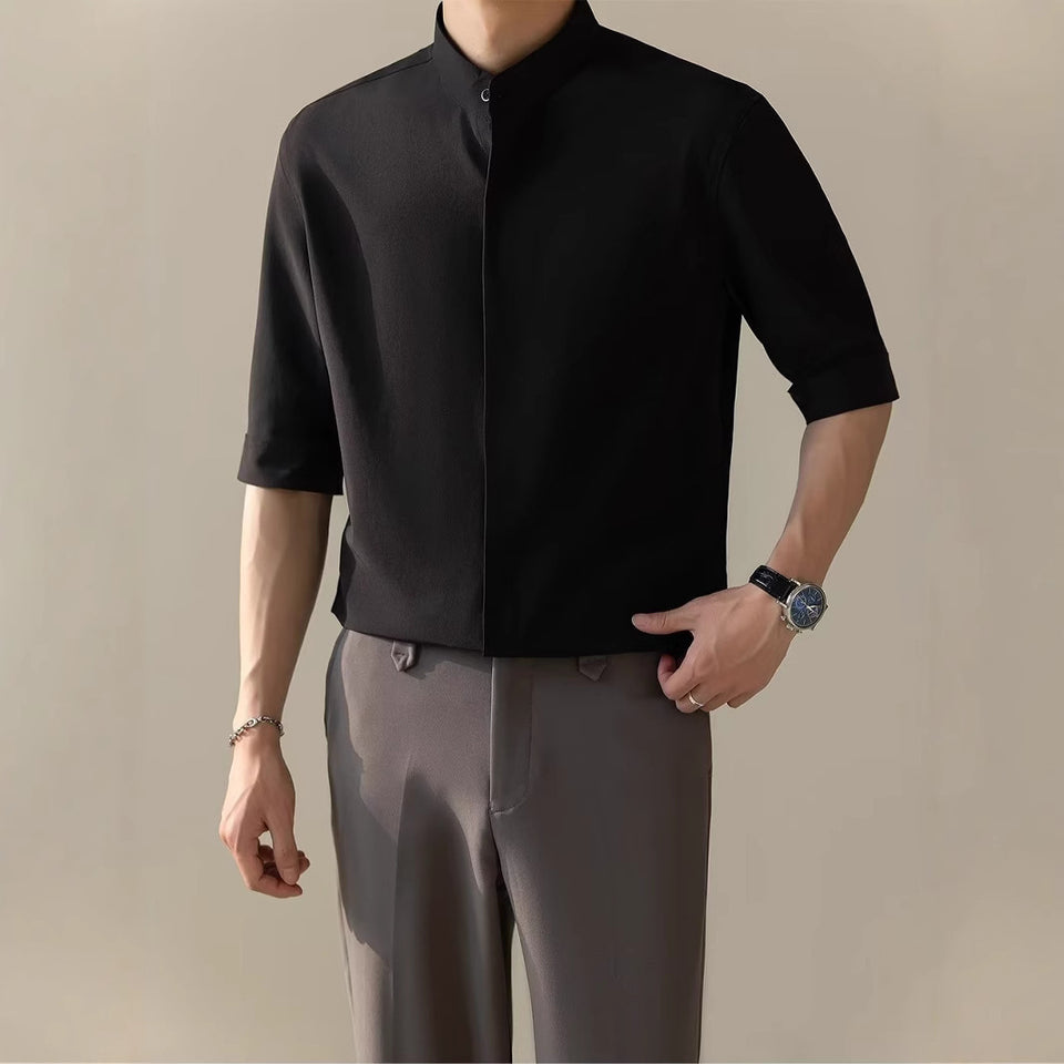 Thin Stand Collar Short Sleeve Men’s Shirt – Lightweight Summer Half Sleeve Casual Polyester Top