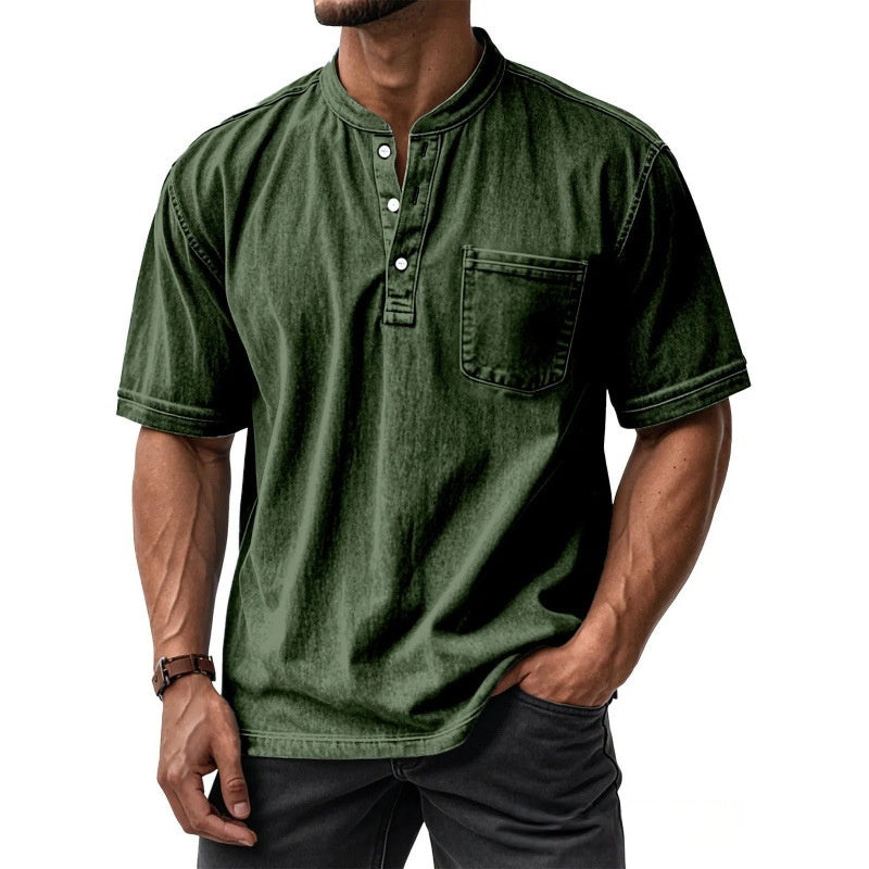 Classyet Men's Casual Slim Fit Cotton Short-Sleeve Crew-Neck Button-Up Shirt for Everyday Wear