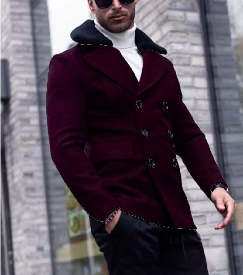 Men’s British Style Fur Collar Woolen Coat – Thick Winter Suit Jacket for Elegant Warmth