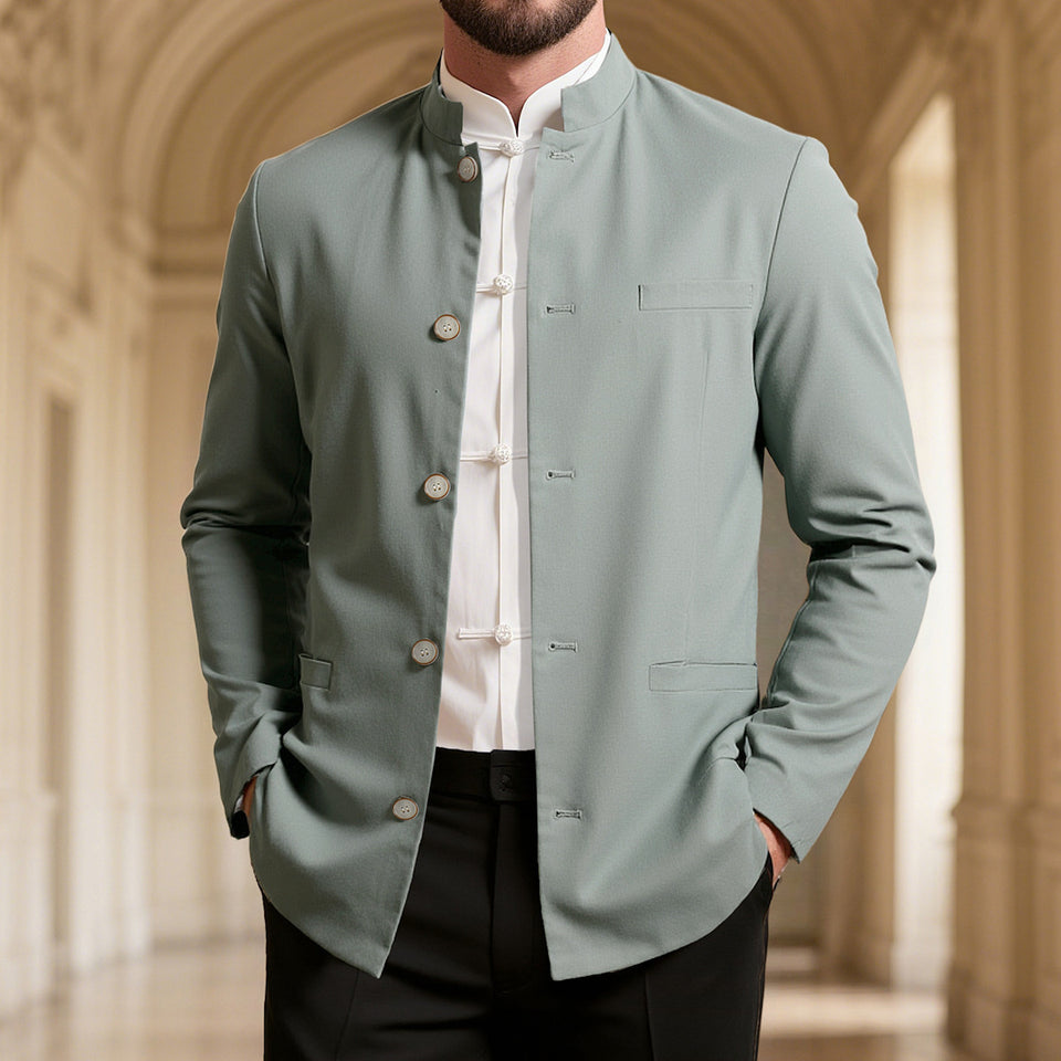 Men’s Casual Stand Collar Western Coat – Slim Fit Long Sleeve Jacket for Business & Smart Casual Style