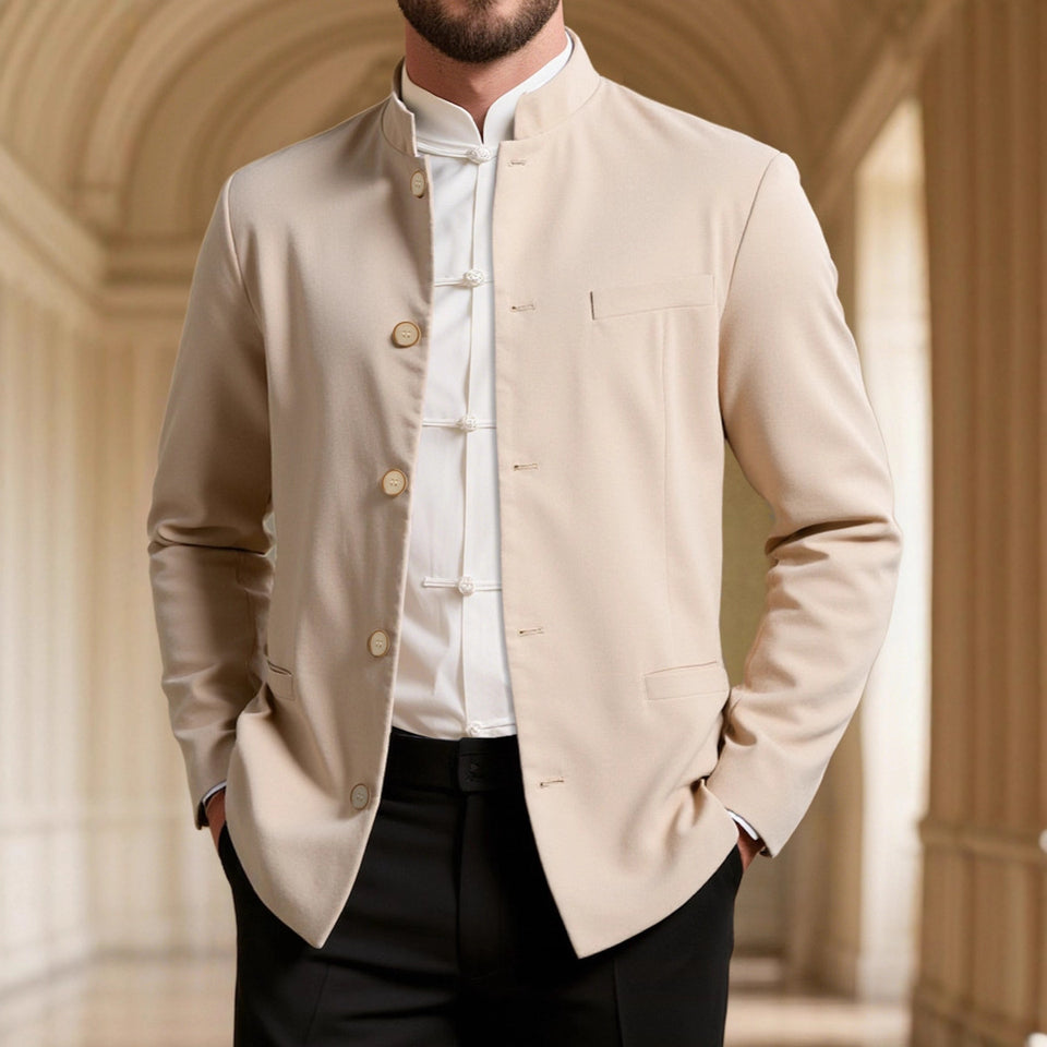 Men’s Casual Stand Collar Western Coat – Slim Fit Long Sleeve Jacket for Business & Smart Casual Style