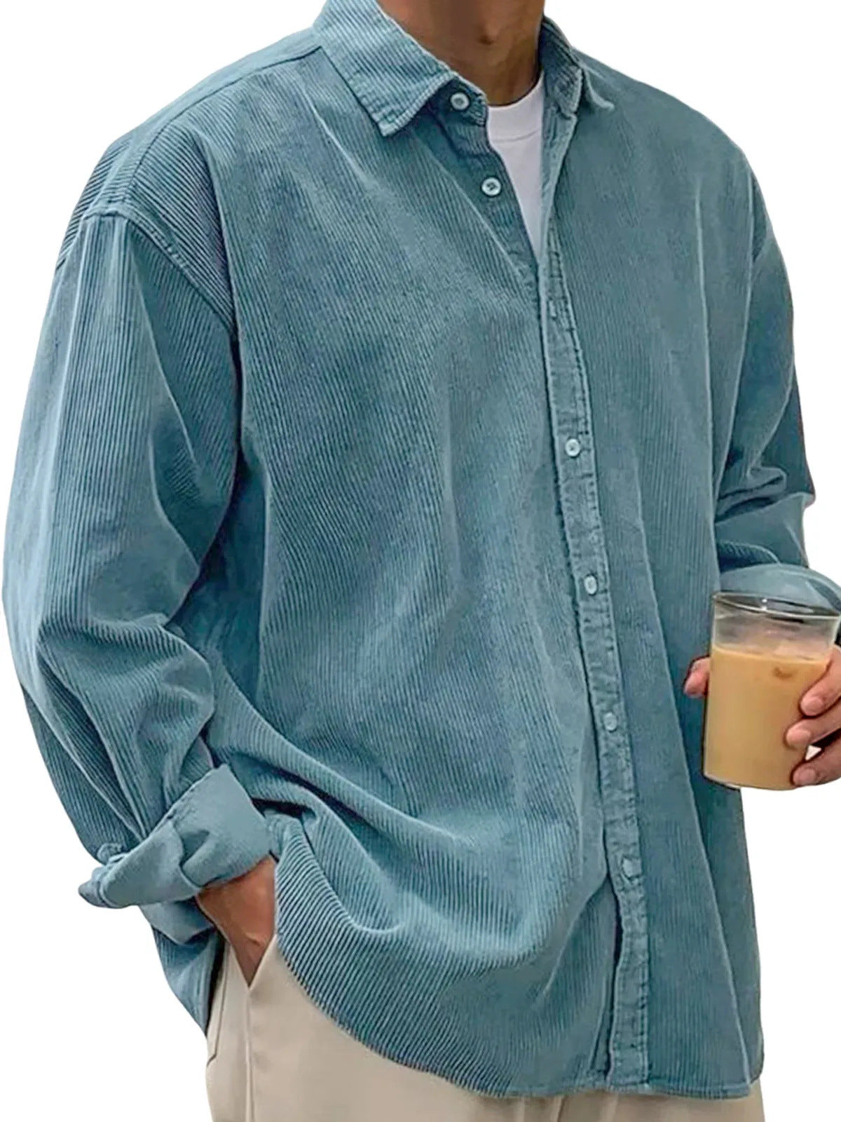 Classyet Men's Casual Corduroy Shirt Jacket Loose Fit Autumn Winter Cardigan Style Long Sleeve Layer