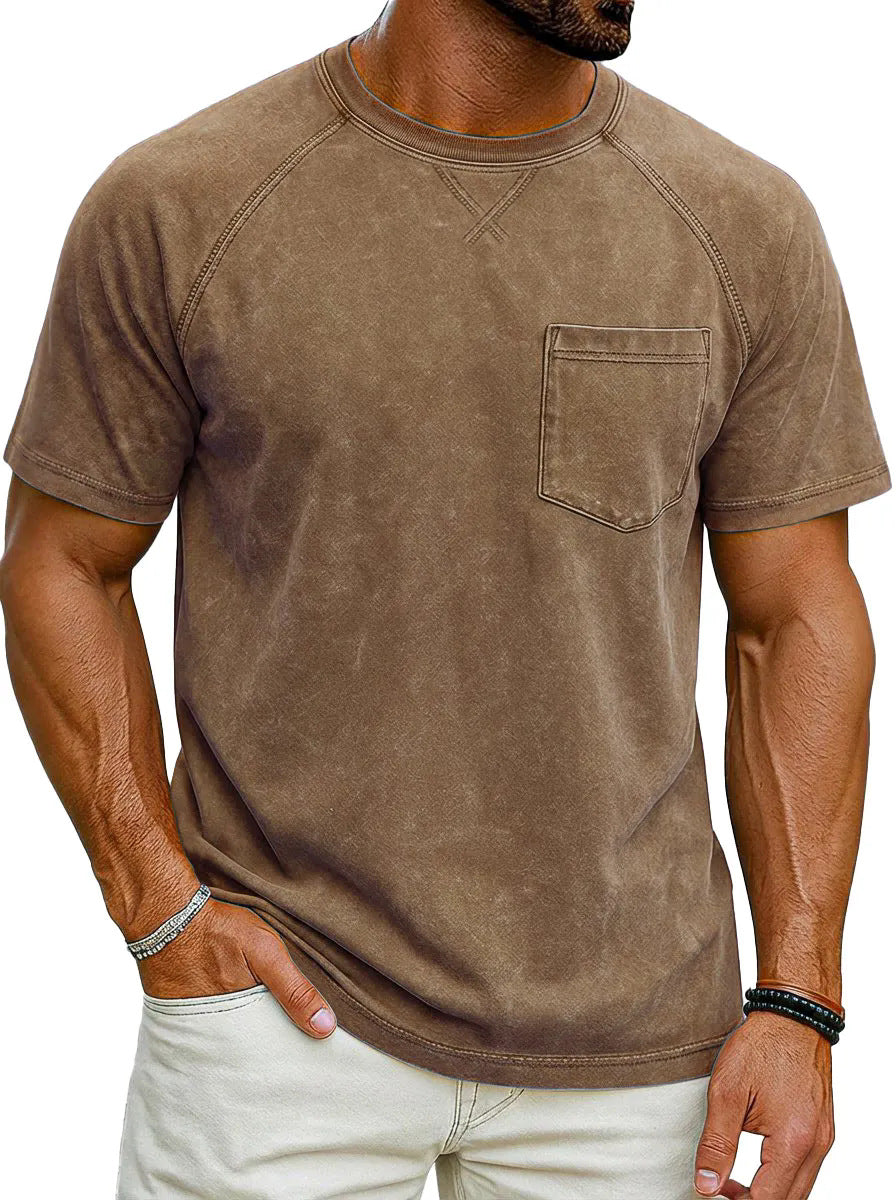 Classyet Retro Distressed Raglan Crew Neck Casual Loose Fit Polyester Short Sleeve T-Shirt for Teenagers