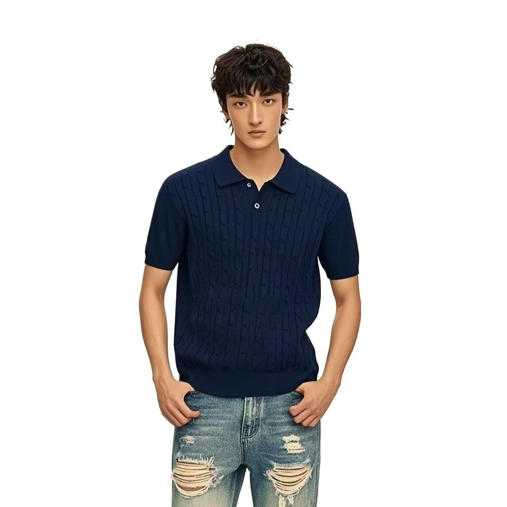 Classyet Men's Casual Linen-Textured Knitted Polo Shirt Slim Fit Short Sleeve Summer Cotton Top