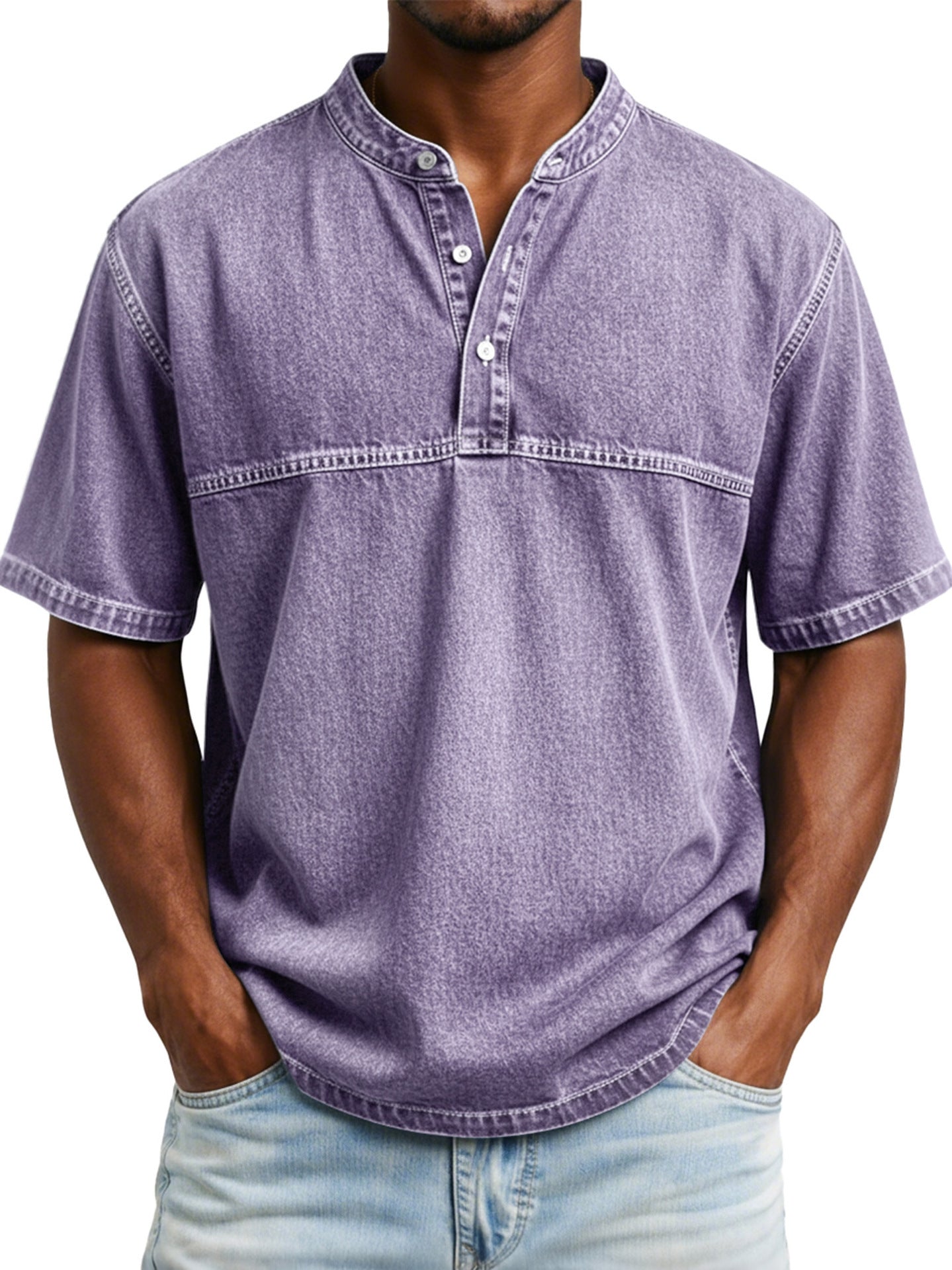 Classyet Straight Shoulder Crewneck Three Button Short Sleeve Henley Print Casual Slim Fit Shirt for Men