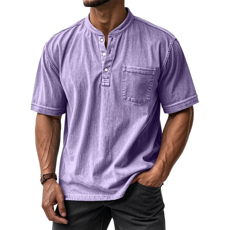 Classyet Men's Casual Slim Fit Cotton Short-Sleeve Crew-Neck Button-Up Shirt for Everyday Wear