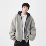 Double Zipper Hooded Men’s Sweater Jacket – Casual Loose Fit Long Sleeve Polyester Cardigan