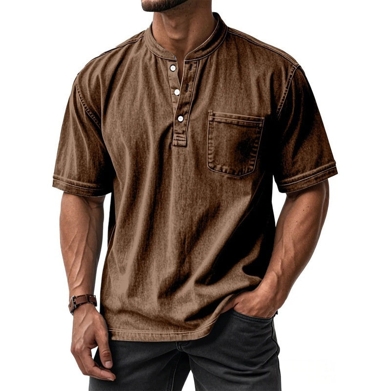 Classyet Men's Casual Slim Fit Cotton Short-Sleeve Crew-Neck Button-Up Shirt for Everyday Wear