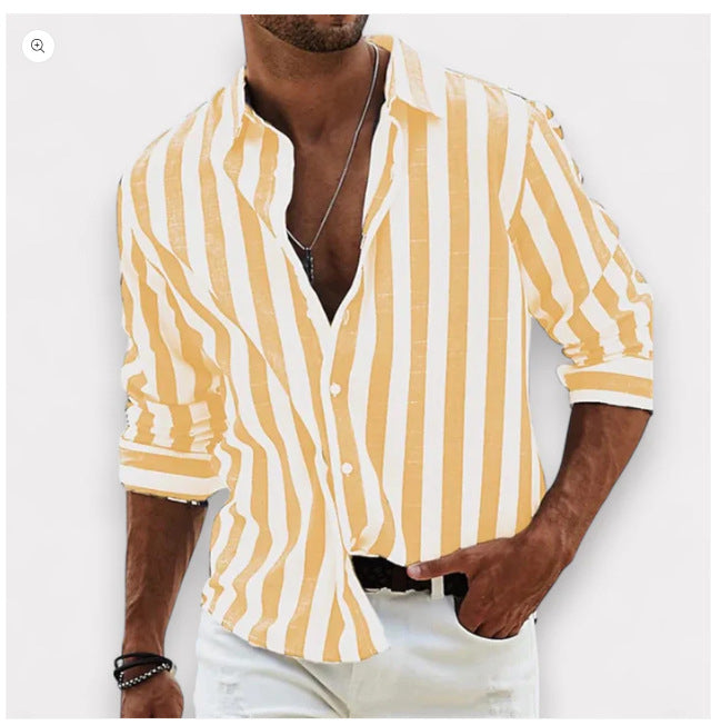 Classyet Striped Print Casual Loose Long Sleeve Shirt for Men British Style Polyester Spring Autumn Wear