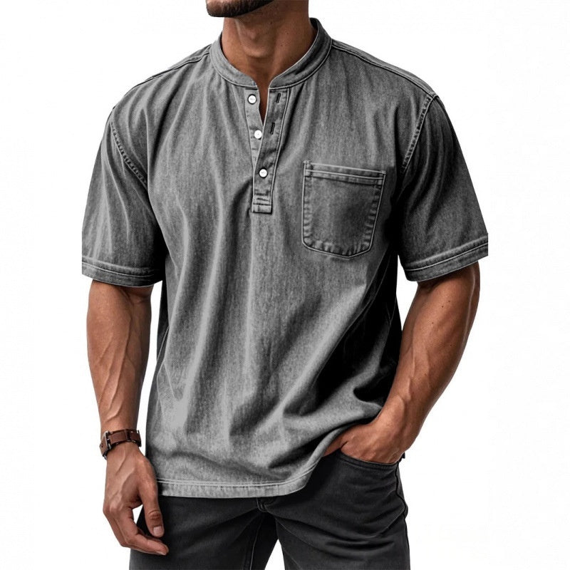 Classyet Men's Casual Slim Fit Cotton Short-Sleeve Crew-Neck Button-Up Shirt for Everyday Wear