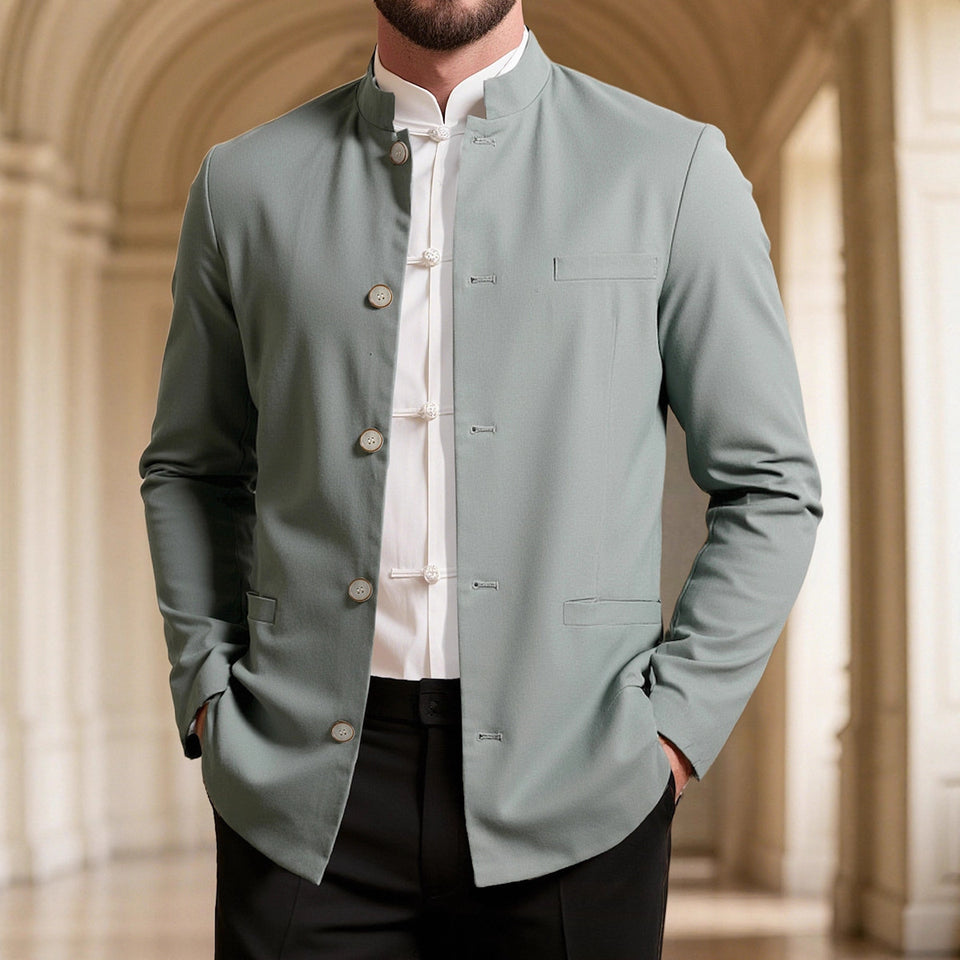 Men’s Casual Stand Collar Western Coat – Slim Fit Long Sleeve Jacket for Business & Smart Casual Style