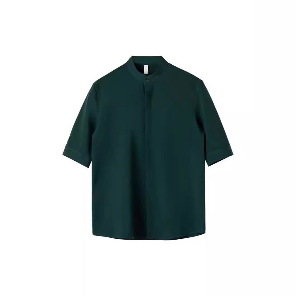 Thin Stand Collar Short Sleeve Men’s Shirt – Lightweight Summer Half Sleeve Casual Polyester Top