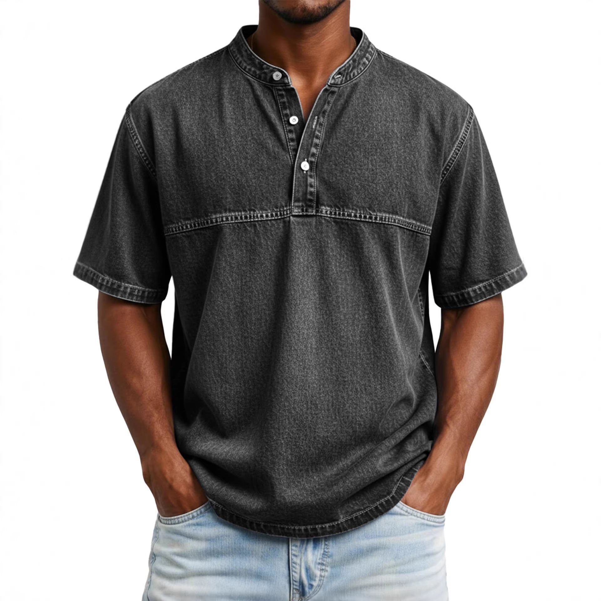 Classyet Straight Shoulder Crewneck Three Button Short Sleeve Henley Print Casual Slim Fit Shirt for Men