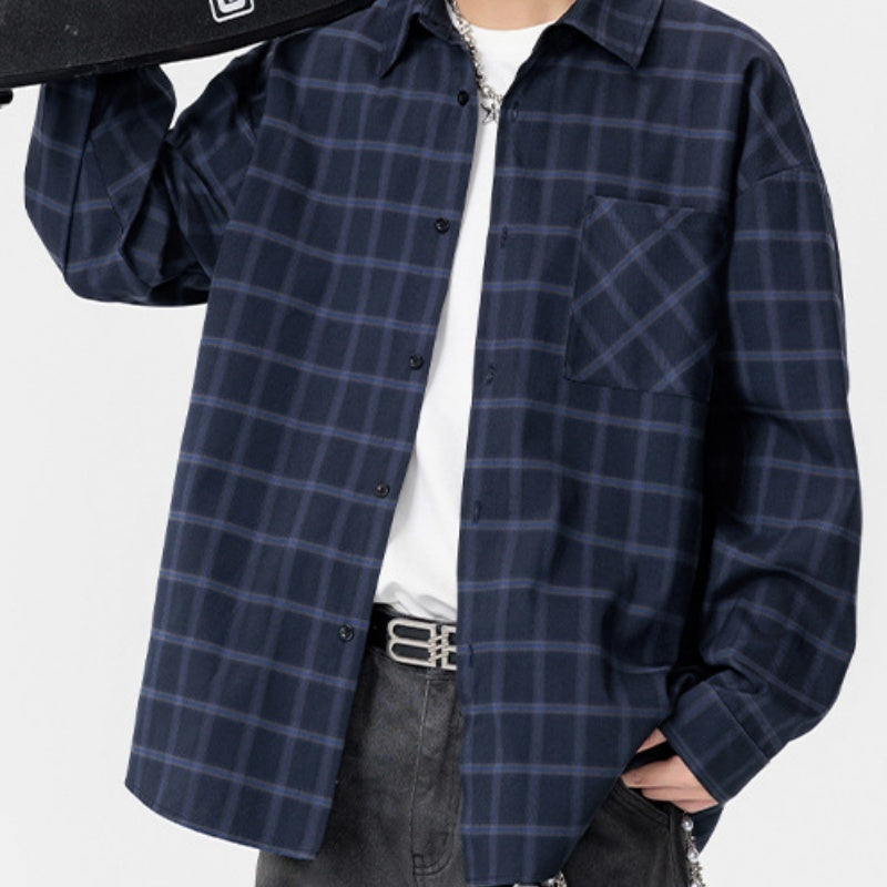 Men’s Autumn Plaid Lapel Shirt Coat – Casual Long Sleeve Large Size Loose Jacket for Everyday Wear