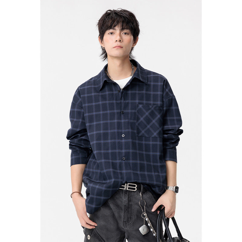 Men’s Autumn Plaid Lapel Shirt Coat – Casual Long Sleeve Large Size Loose Jacket for Everyday Wear