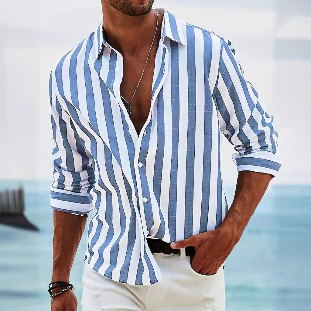 Classyet Striped Print Casual Loose Long Sleeve Shirt for Men British Style Polyester Spring Autumn Wear