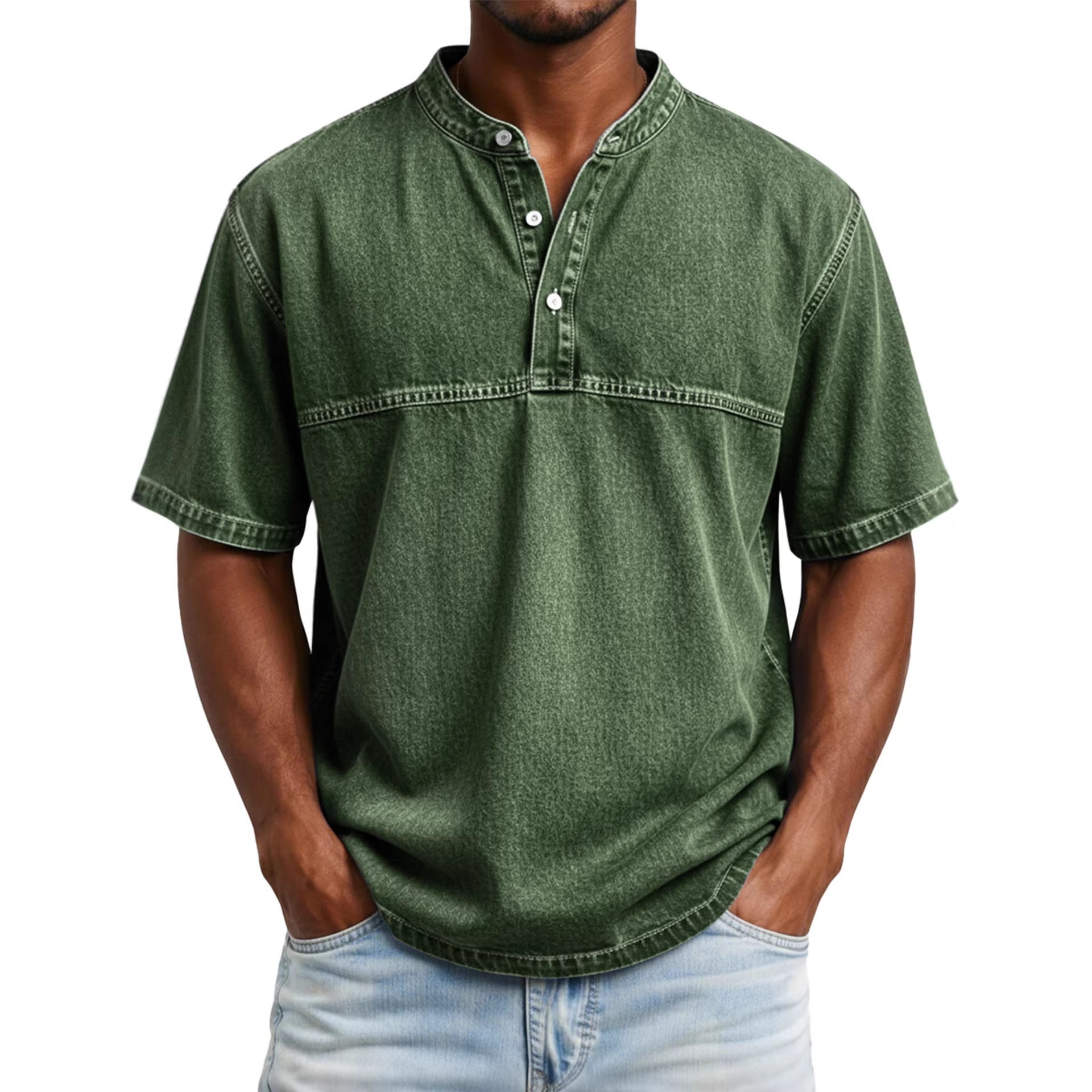 Classyet Straight Shoulder Crewneck Three Button Short Sleeve Henley Print Casual Slim Fit Shirt for Men