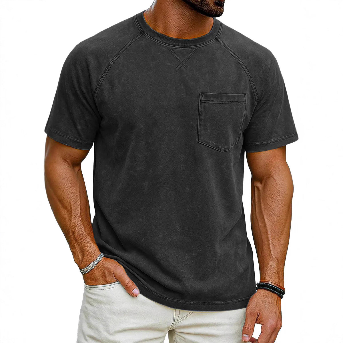 Classyet Retro Distressed Raglan Crew Neck Casual Loose Fit Polyester Short Sleeve T-Shirt for Teenagers