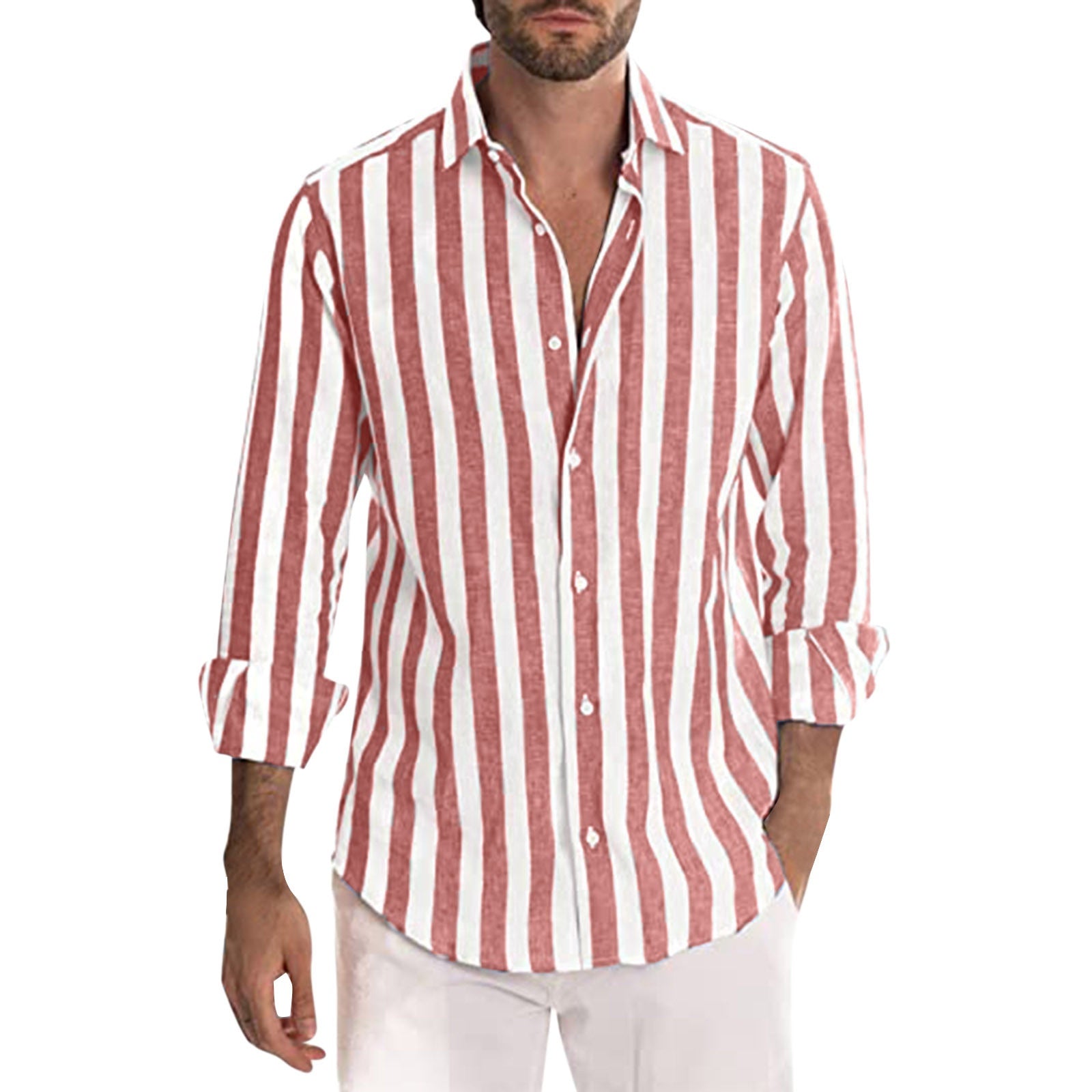 Classyet Striped Print Casual Loose Long Sleeve Shirt for Men British Style Polyester Spring Autumn Wear