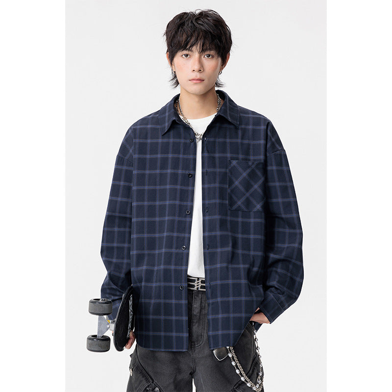 Men’s Autumn Plaid Lapel Shirt Coat – Casual Long Sleeve Large Size Loose Jacket for Everyday Wear