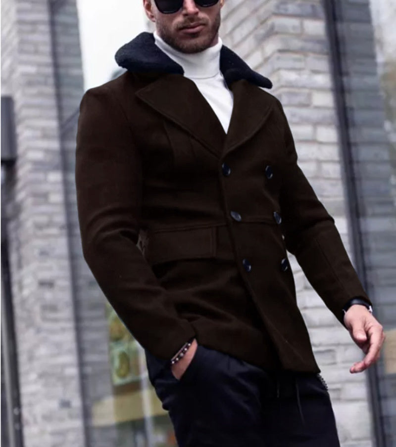 Men’s British Style Fur Collar Woolen Coat – Thick Winter Suit Jacket for Elegant Warmth