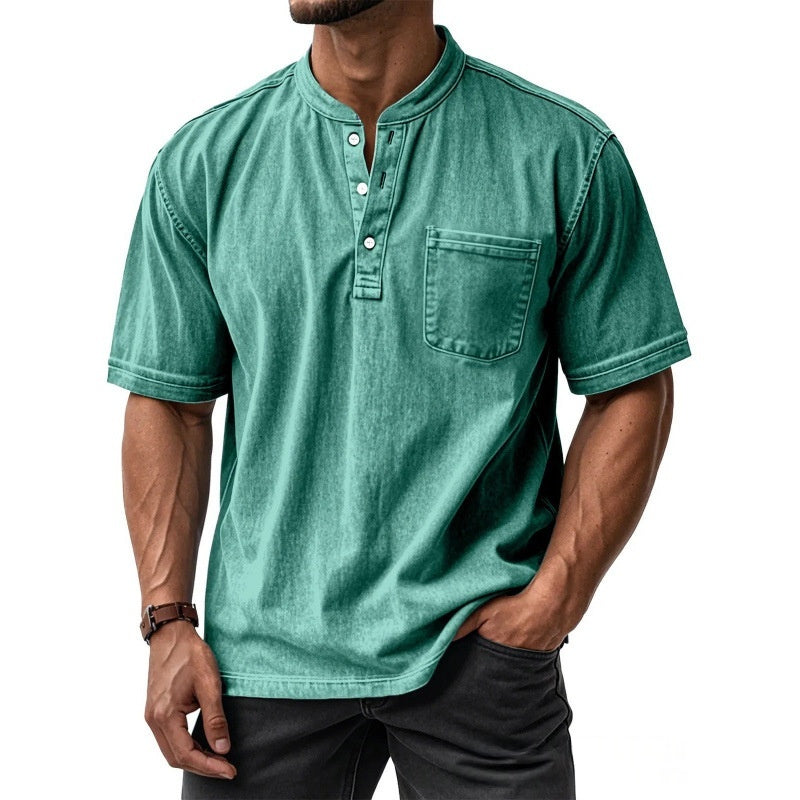 Classyet Men's Casual Slim Fit Cotton Short-Sleeve Crew-Neck Button-Up Shirt for Everyday Wear