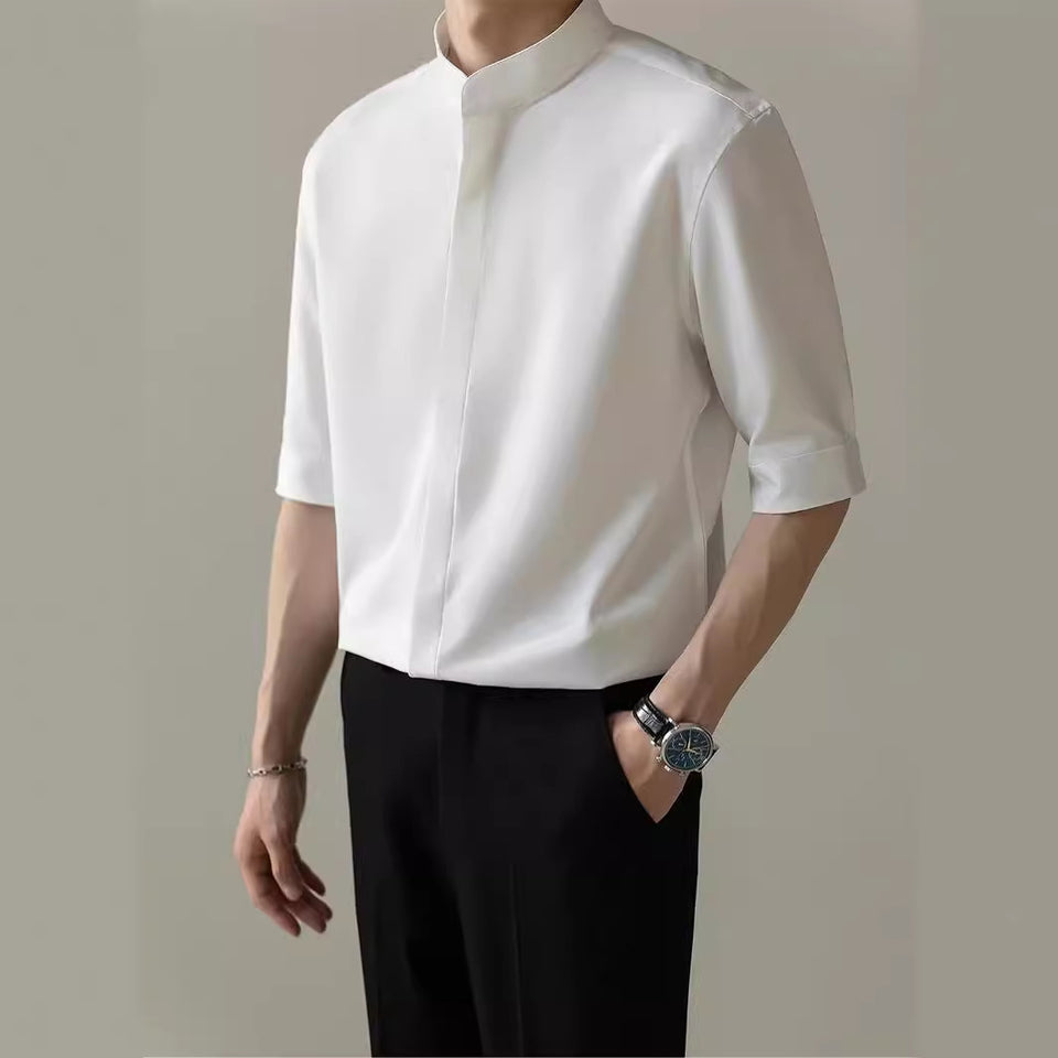 Thin Stand Collar Short Sleeve Men’s Shirt – Lightweight Summer Half Sleeve Casual Polyester Top