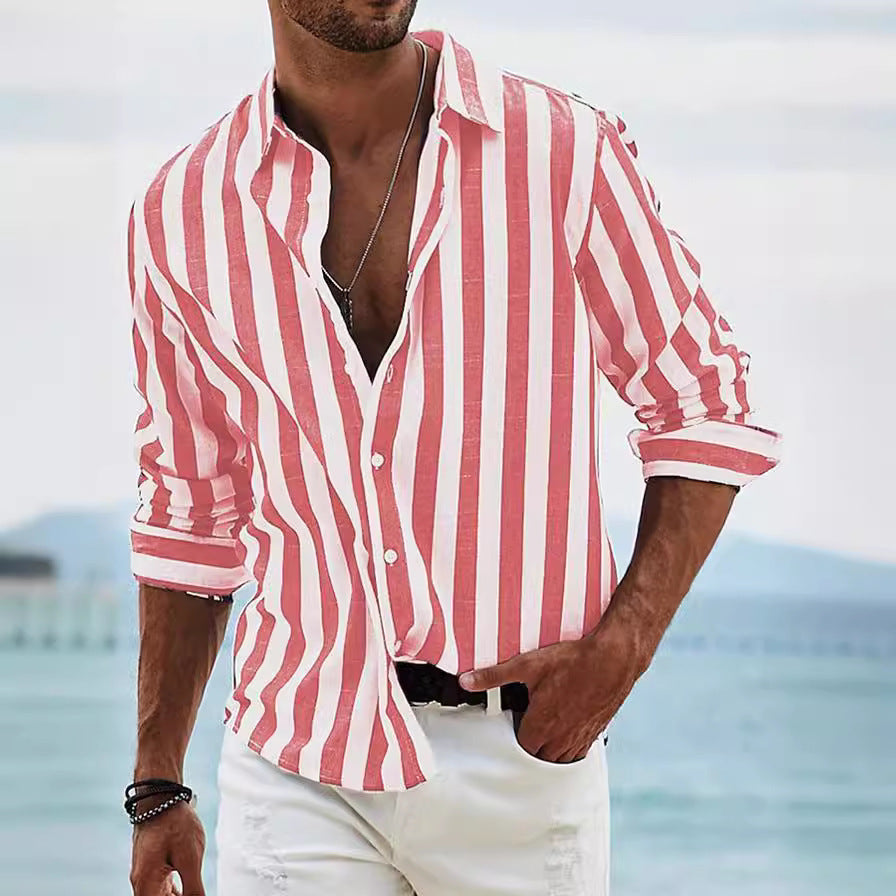 Classyet Striped Print Casual Loose Long Sleeve Shirt for Men British Style Polyester Spring Autumn Wear