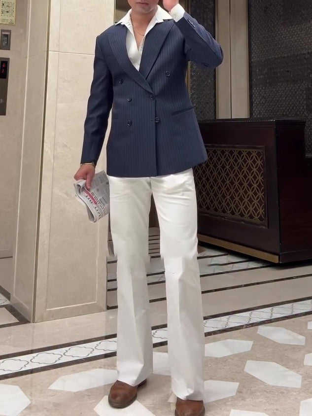 Men’s Classic Stripe Double-Breasted Blazer – Elegant Business Casual Jacket for Daily or Formal Wear