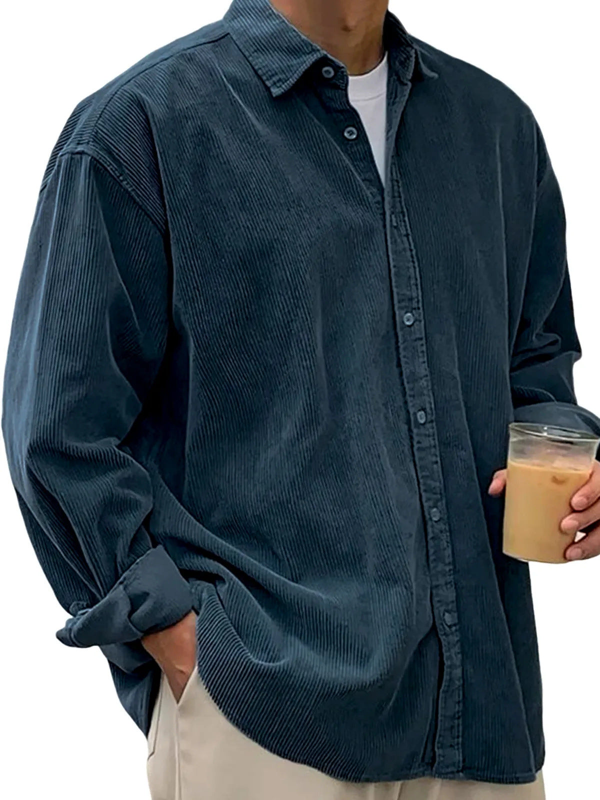 Classyet Men's Casual Corduroy Shirt Jacket Loose Fit Autumn Winter Cardigan Style Long Sleeve Layer
