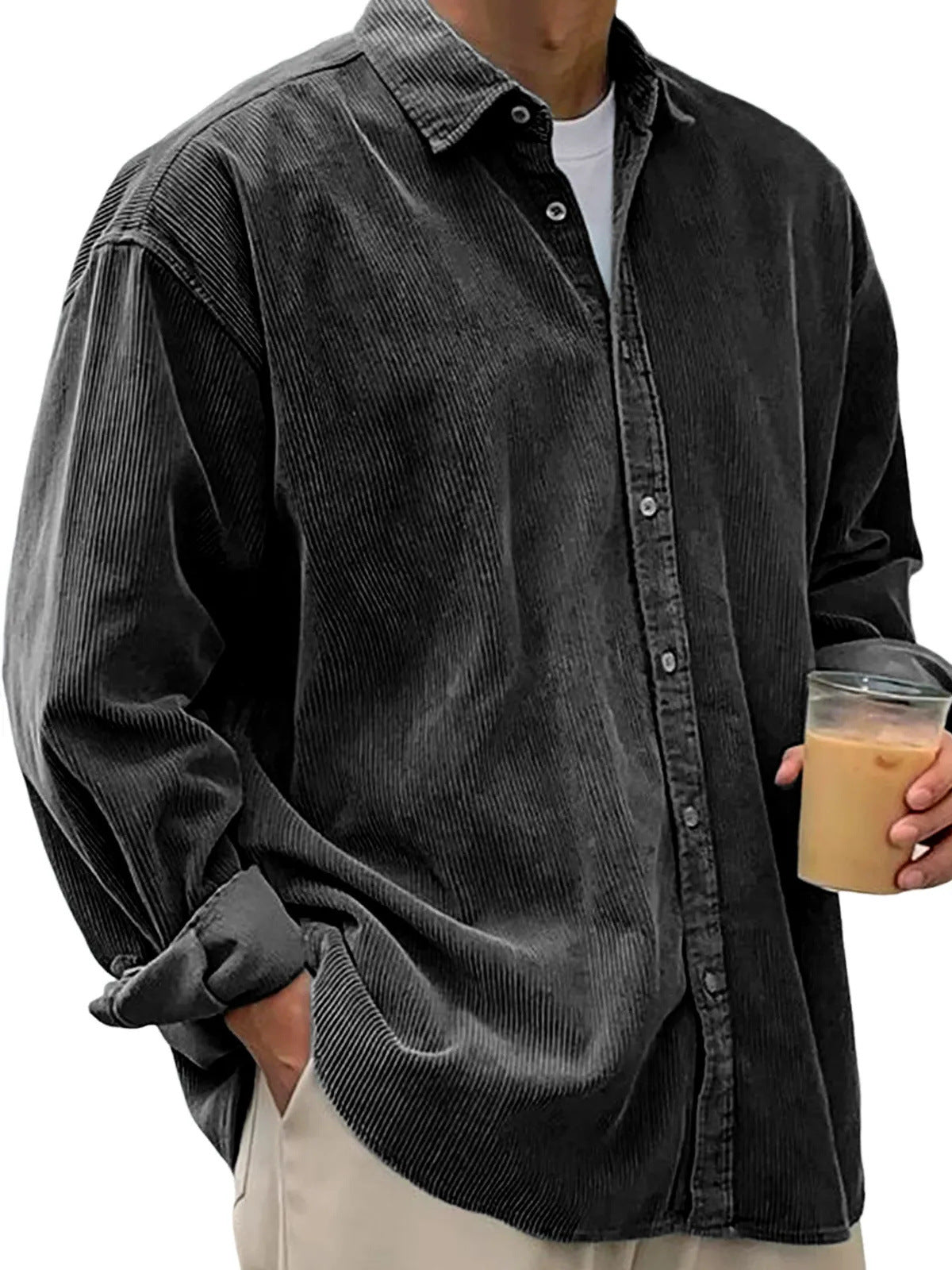 Classyet Men's Casual Corduroy Shirt Jacket Loose Fit Autumn Winter Cardigan Style Long Sleeve Layer