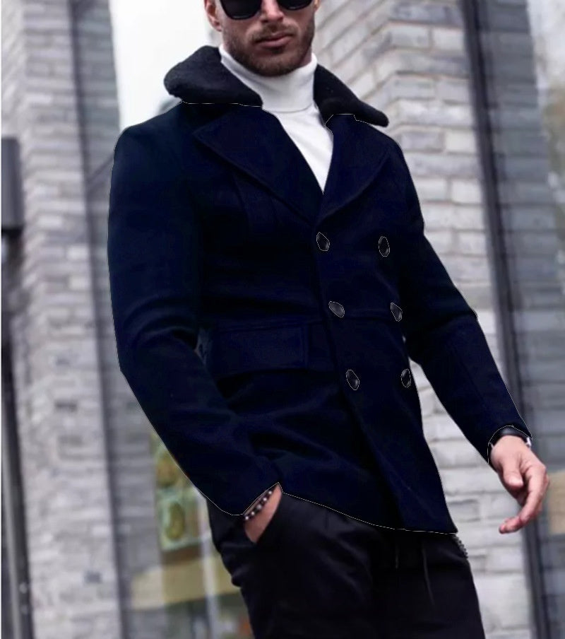 Men’s British Style Fur Collar Woolen Coat – Thick Winter Suit Jacket for Elegant Warmth