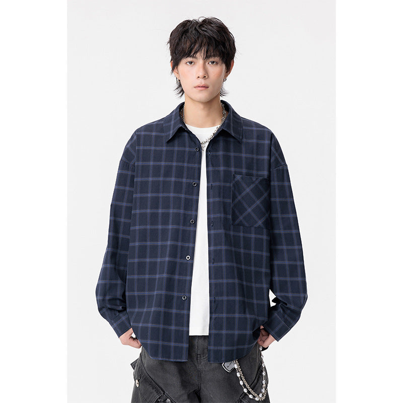 Men’s Autumn Plaid Lapel Shirt Coat – Casual Long Sleeve Large Size Loose Jacket for Everyday Wear