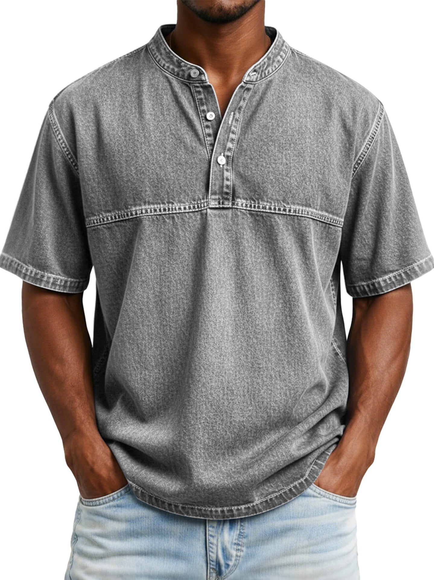 Classyet Straight Shoulder Crewneck Three Button Short Sleeve Henley Print Casual Slim Fit Shirt for Men