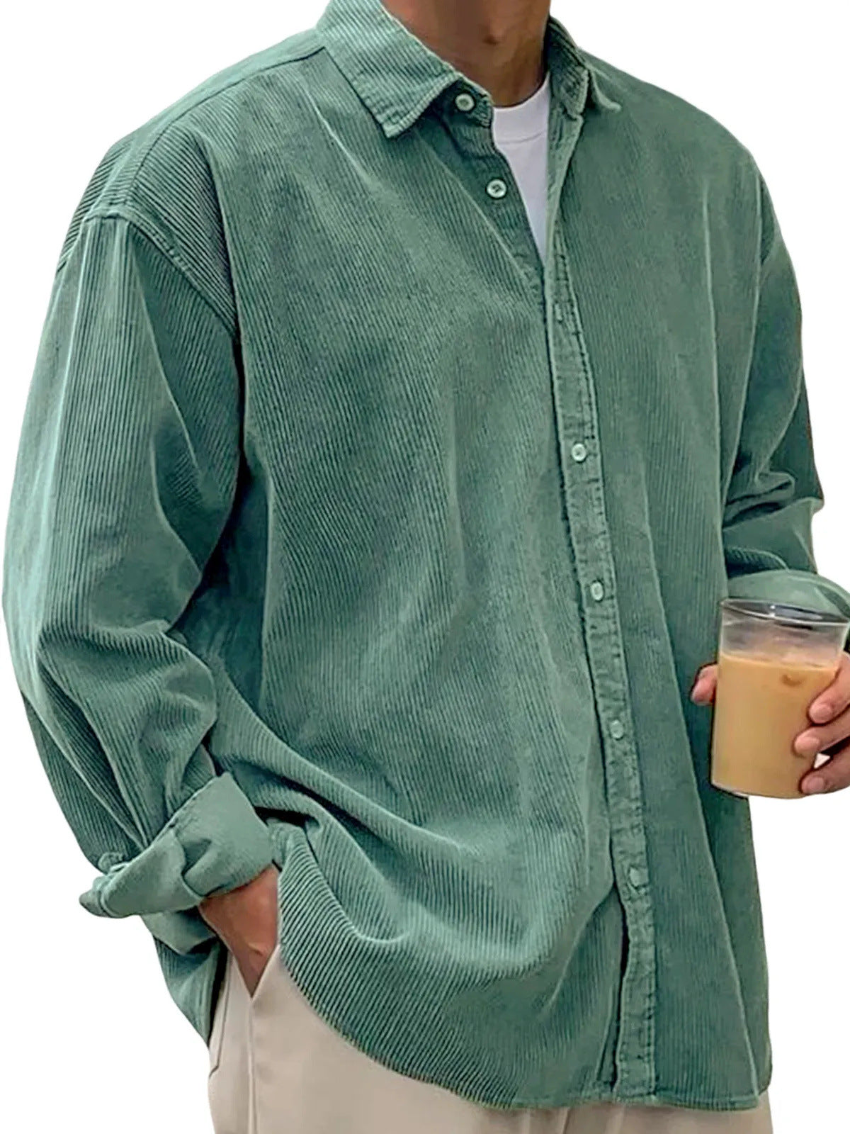 Classyet Men's Casual Corduroy Shirt Jacket Loose Fit Autumn Winter Cardigan Style Long Sleeve Layer