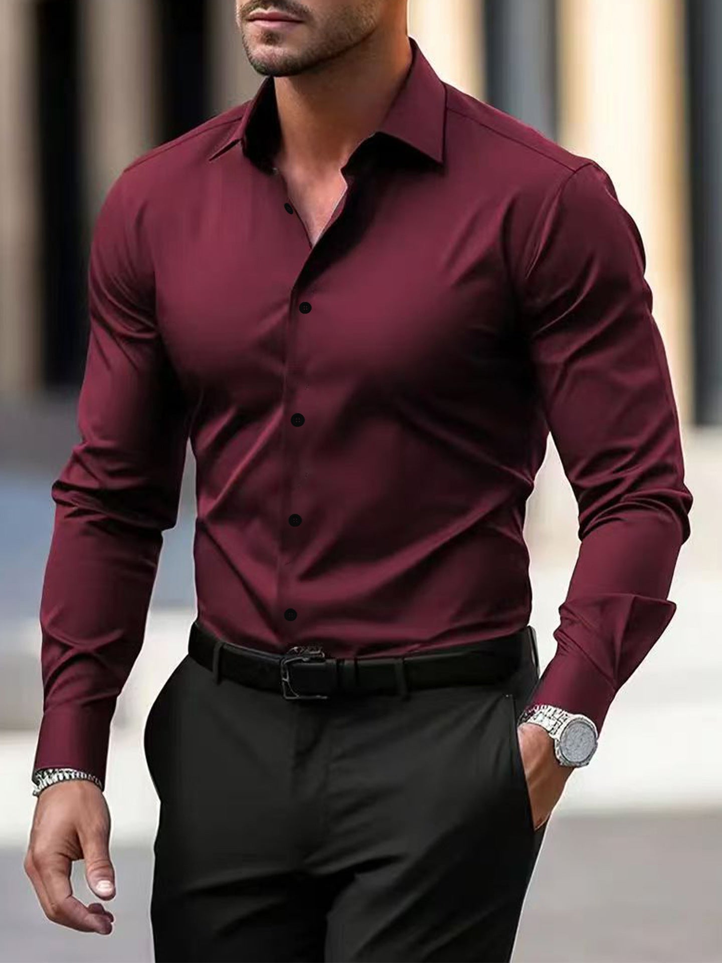 Classyet Men's Velvet Long Sleeve Button Down Shirt Casual Business Solid Color Lapel Summer Top