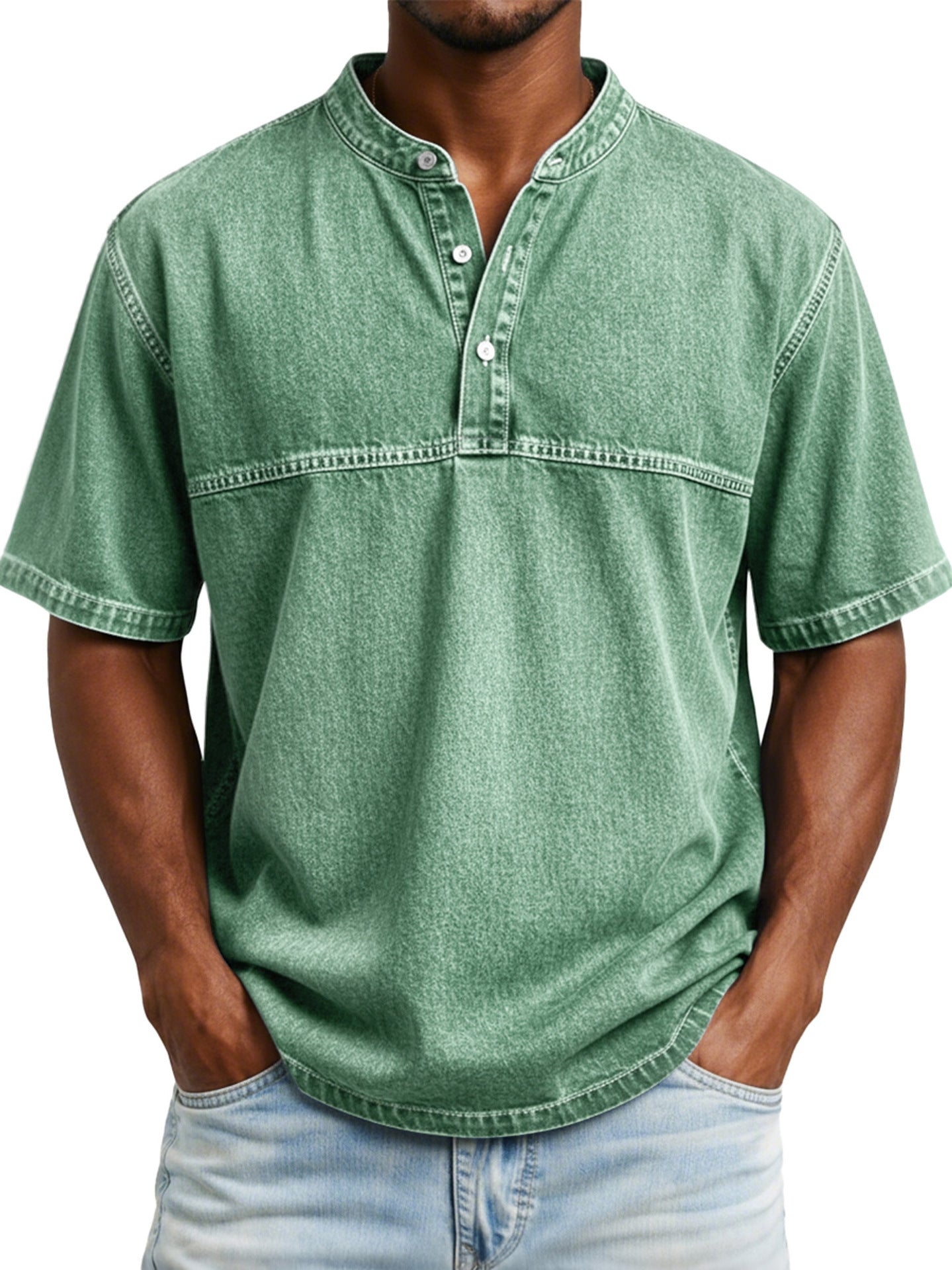 Classyet Straight Shoulder Crewneck Three Button Short Sleeve Henley Print Casual Slim Fit Shirt for Men