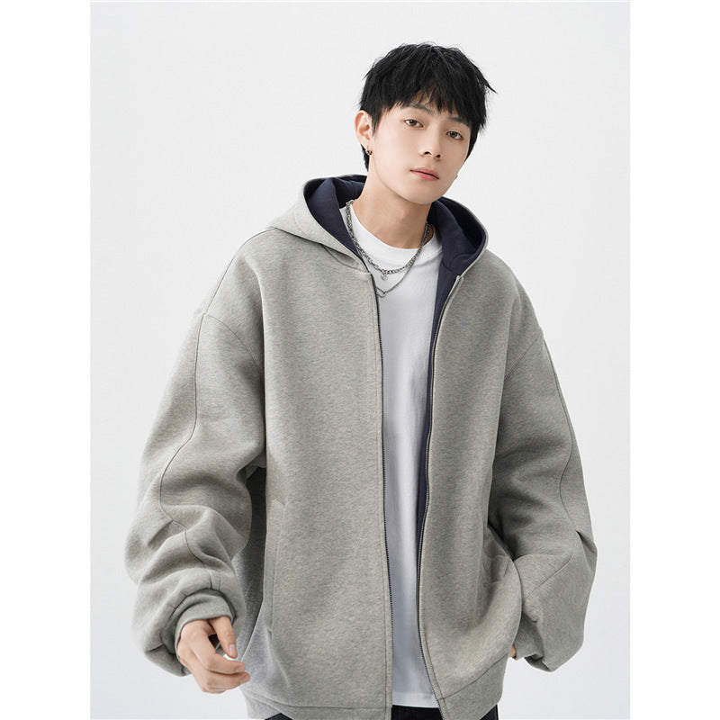 Double Zipper Hooded Men’s Sweater Jacket – Casual Loose Fit Long Sleeve Polyester Cardigan