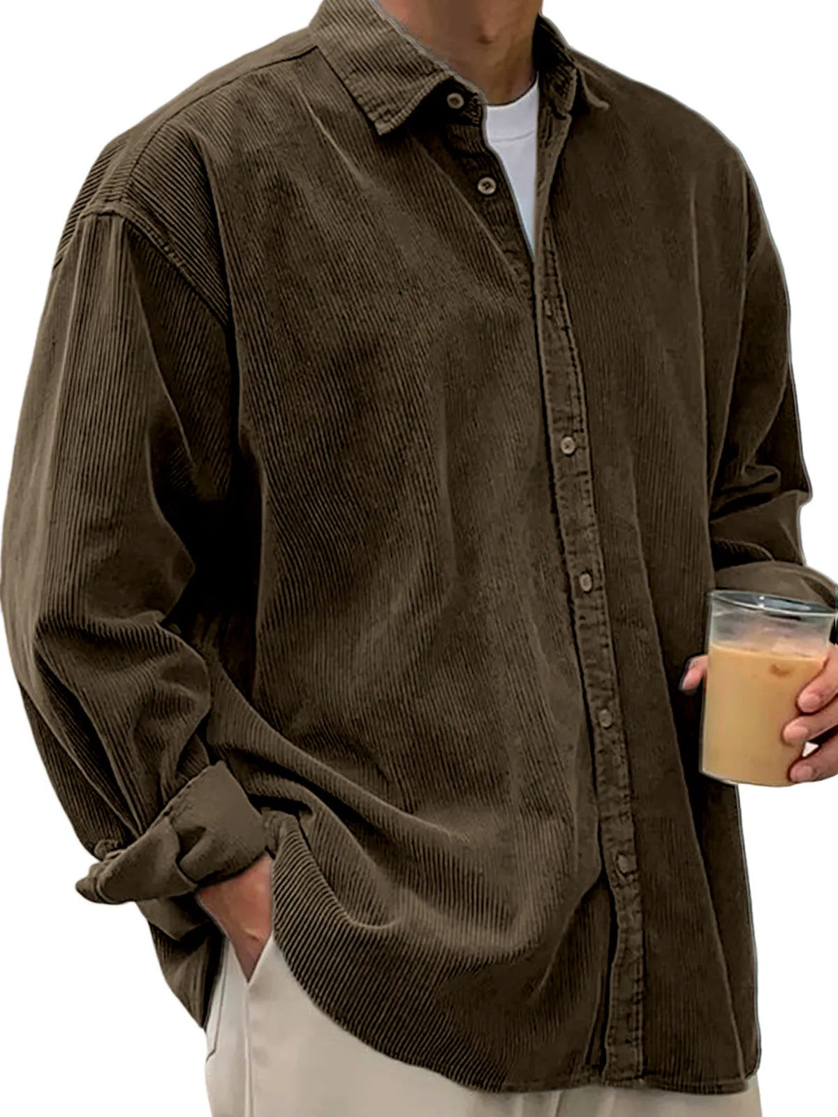 Classyet Men's Casual Corduroy Shirt Jacket Loose Fit Autumn Winter Cardigan Style Long Sleeve Layer