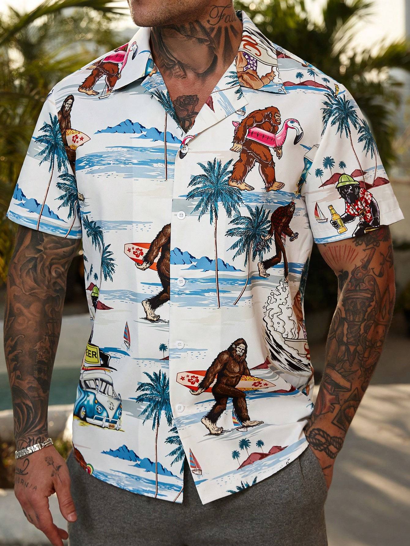 Classyet Fashion Men's Casual Floral Print Short Sleeve Loose Polyester Summer Shirt for Youth Style